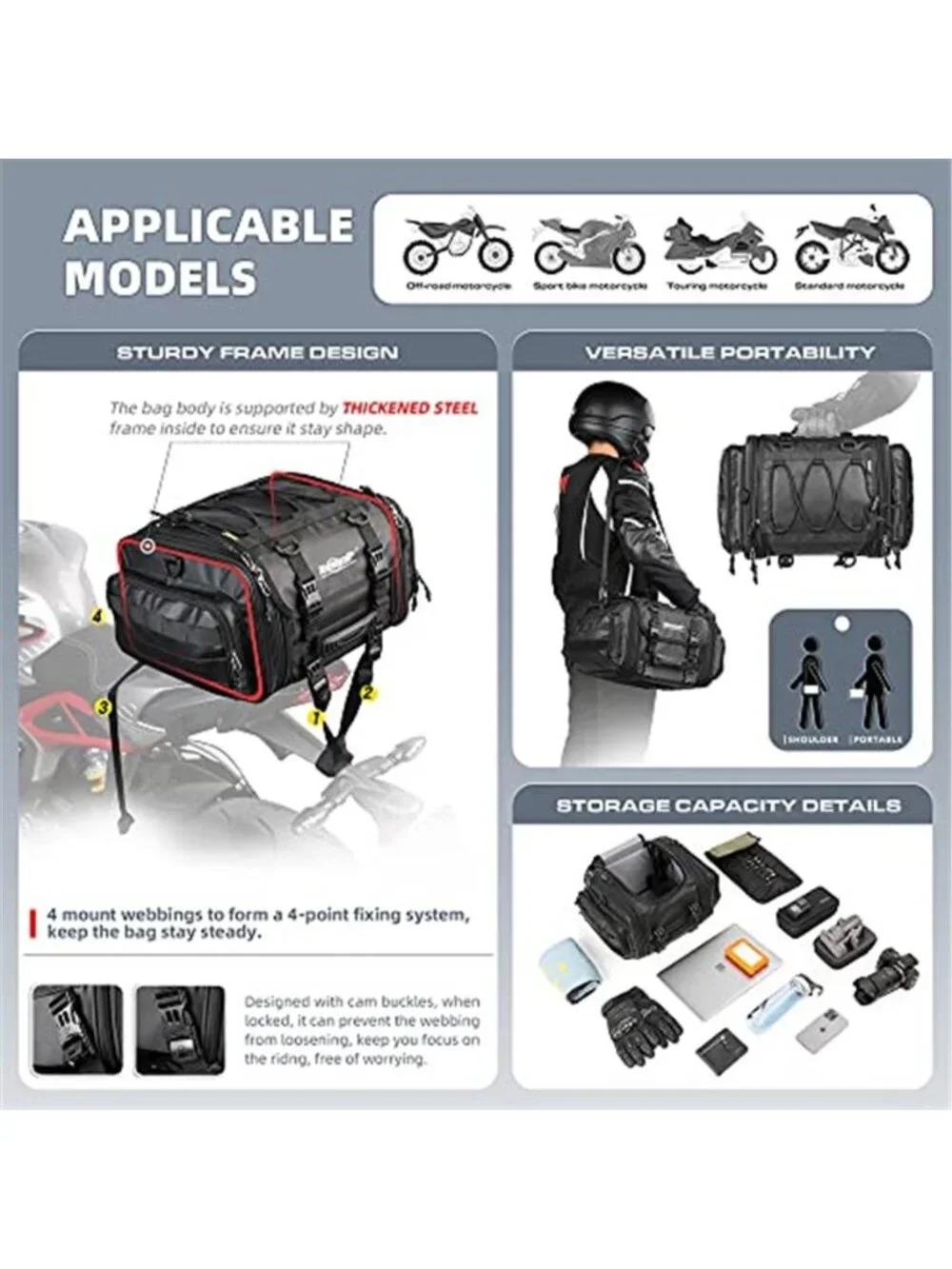 New Rhinowalk Motorcycle Tail Bag Expandable Motorcycle Travel Luggage 26L